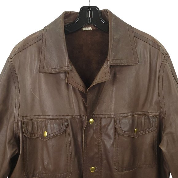 Vintage Brown Leather Snap Front Jacket Men L Made in England Flap Slash Pockets - Picture 12 of 16